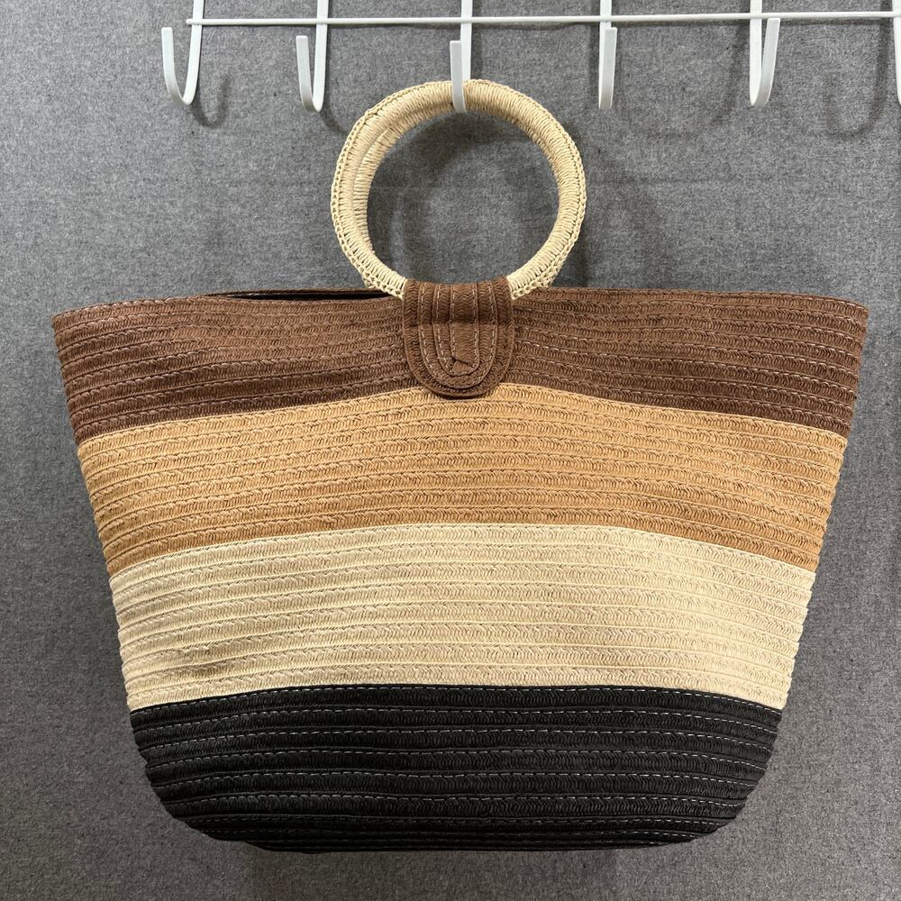 Striped Straw Tote Bag in Brown, Tan, Cream & Black